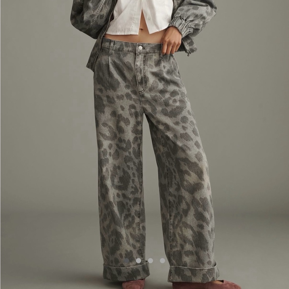 Pilcro Gray Leopard-Print Wide-Leg Jeans
